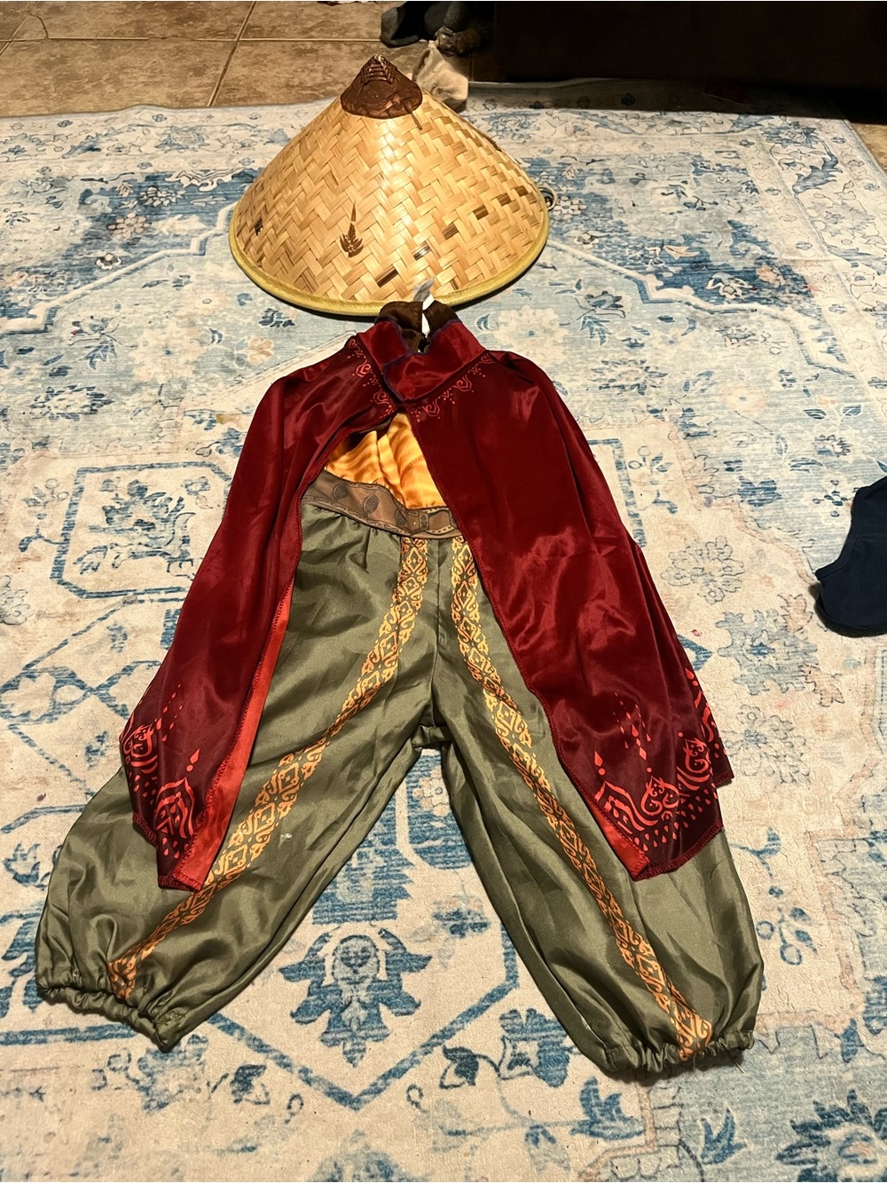 Raya Burgundy Satin Cape with Olive Green Patterned Harem Pants Costume Set
